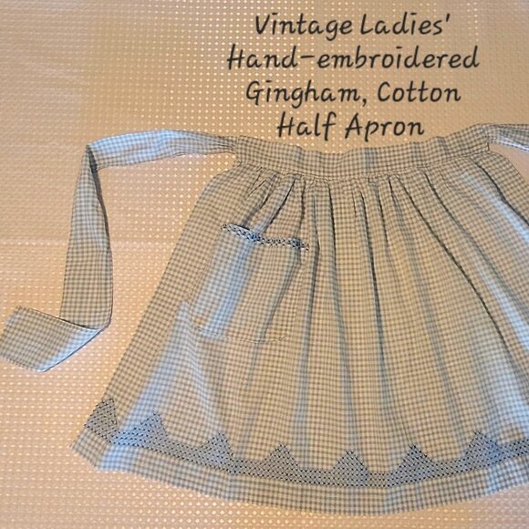 Vintage Ladies' Hand-Embroidered Gingham Cotton Apron - Picture 1 of 2